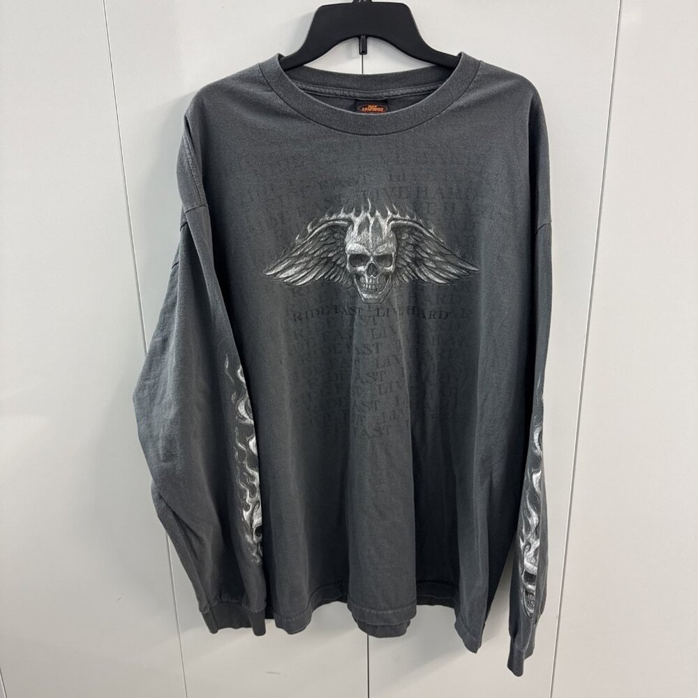 Vtg Hot Leathers Flame Skulls Motorcycle Biker LS Tee 2XL Ride Fast Live‎ Hard